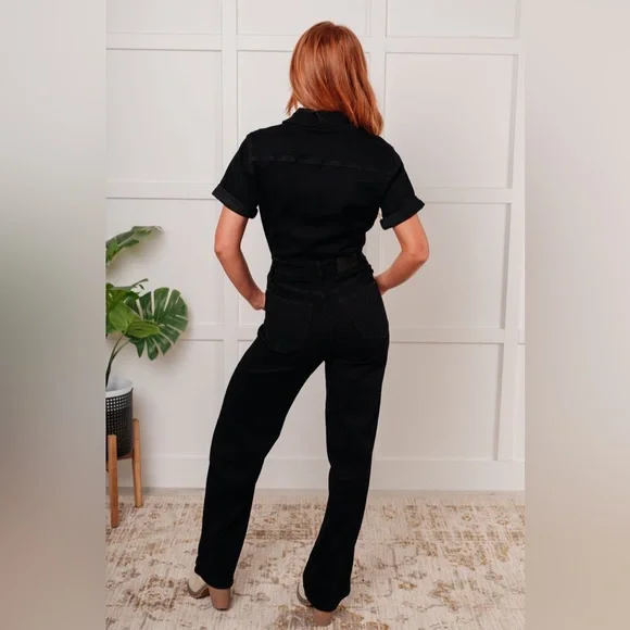 NWT Judy Blue Short Sleeve Straight Tummy Control Black Denim Jumpsuit